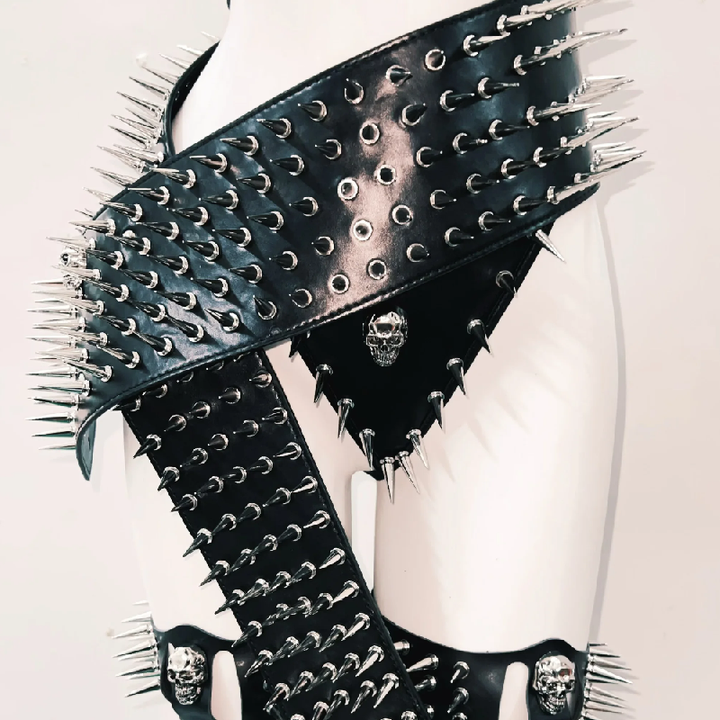 PU leather rivet skull applique cross back short pant set  | Festival Outfits Women
