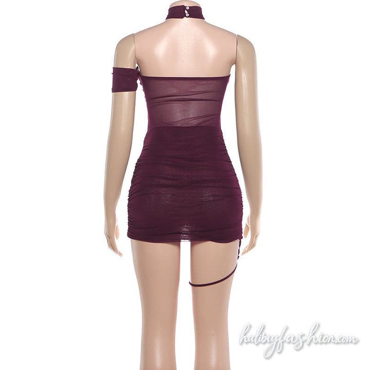 Halter ruched irregular mesh solid mini dress