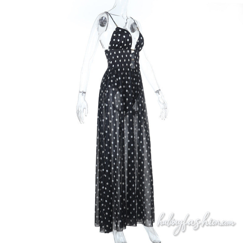 Polka dot hollow out ruched mesh cami maxi dress