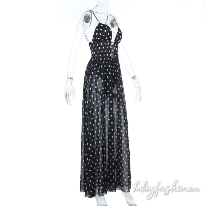 Polka dot hollow out ruched mesh cami maxi dress