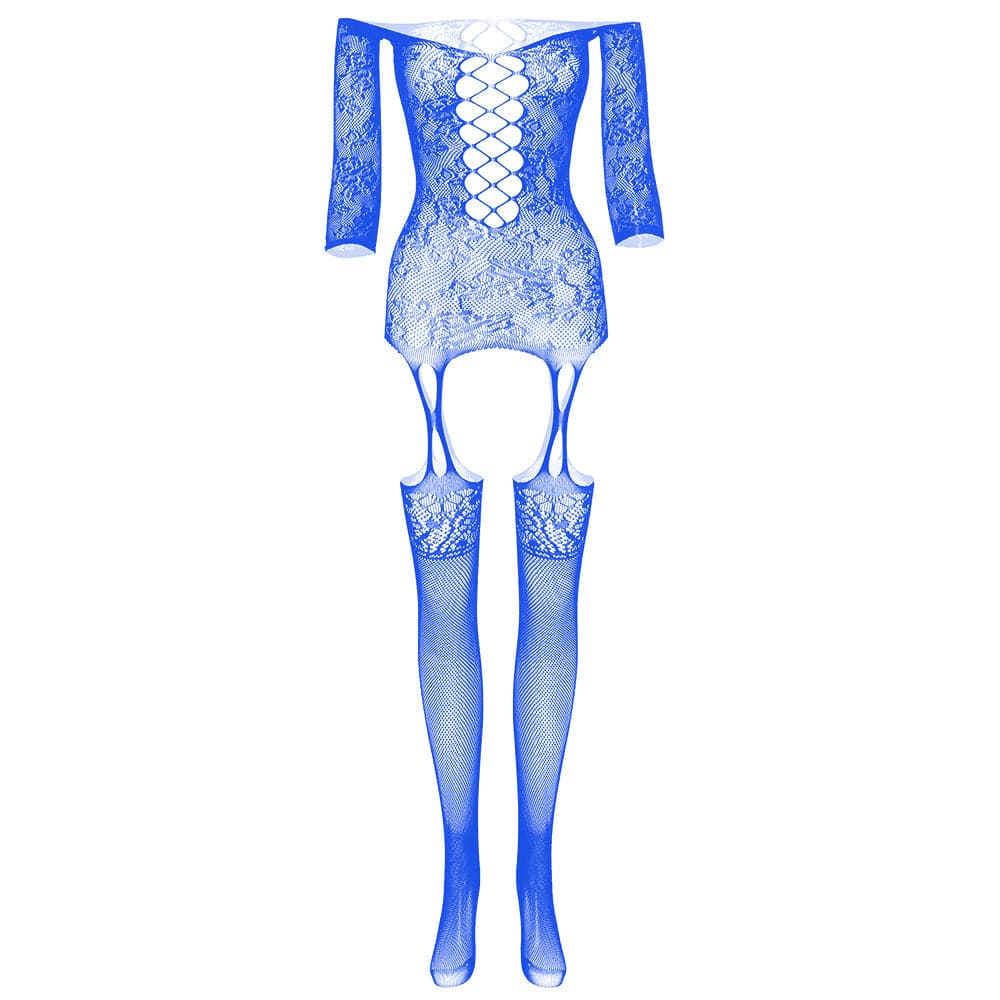 Long sleeve off shoulder lace fishnet strappy bodystocking  | Festival Outfits Women