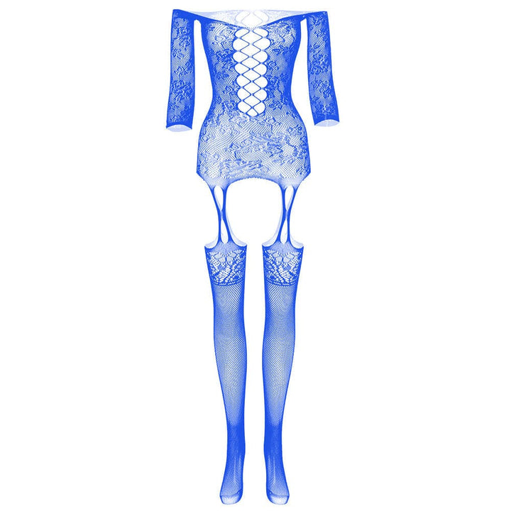 Long sleeve off shoulder lace fishnet strappy bodystocking  | Festival Outfits Women