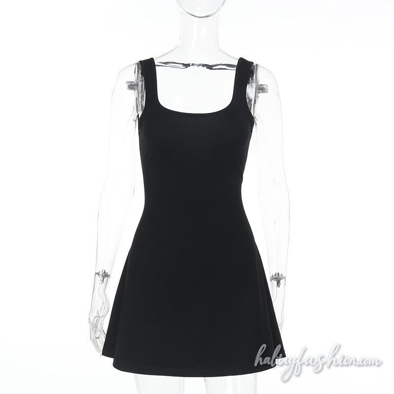 U neck backless solid A line cami mini dress