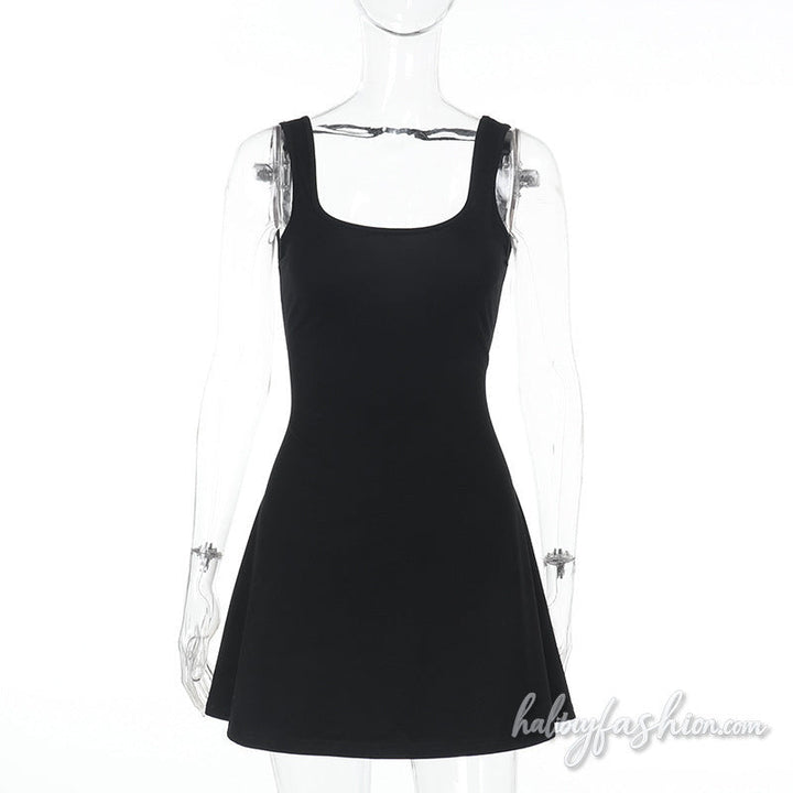 U neck backless solid A line cami mini dress