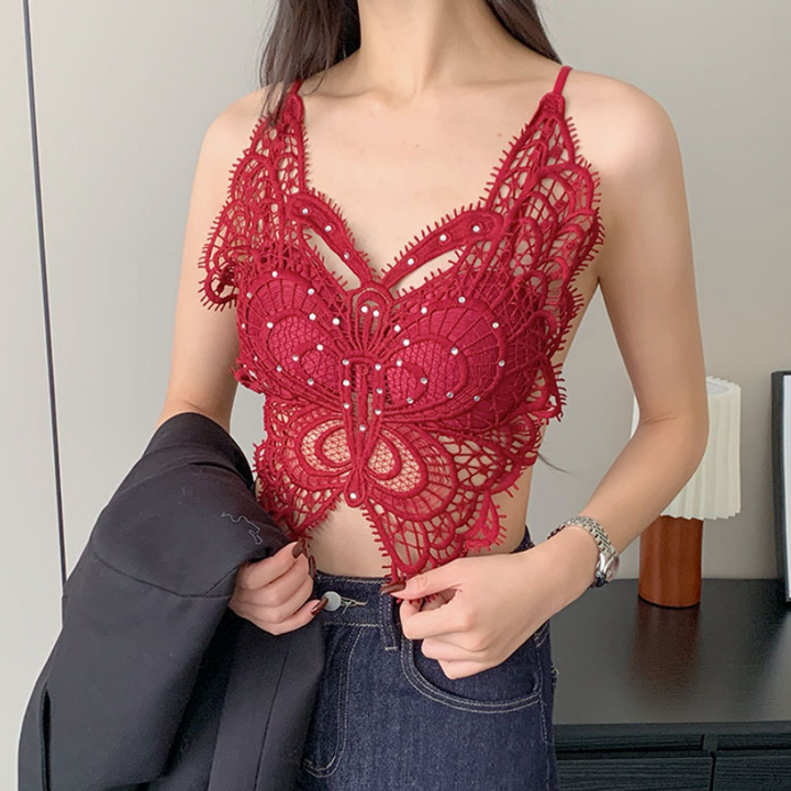 Beaded v neck padded backless hollow out cut out top  | Festival Outfits Women