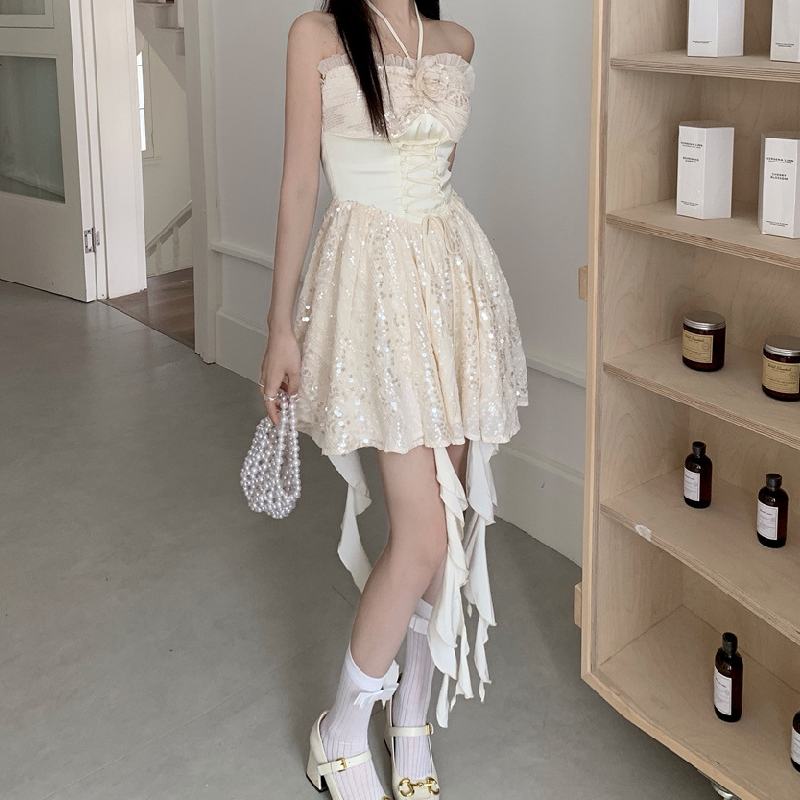 Glitter halter ruffle lace up mini dress  | Festival Outfits Women