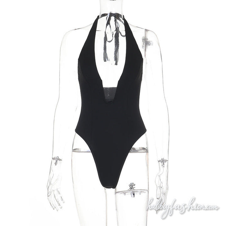 Halter self tie v neck backless solid bodysuit