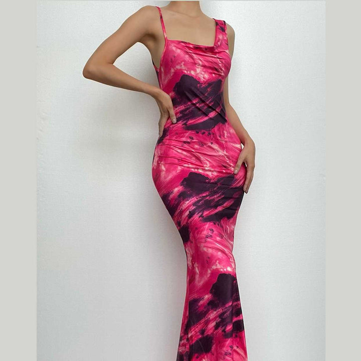 Contrast irregular cowl neck sleeveless backless maxi dress-final-sale  | Festival Outfits Women