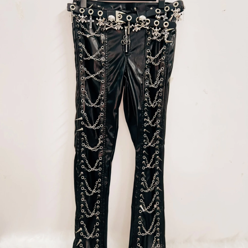 PU leather metal chain rivet pant  | Festival Outfits Women