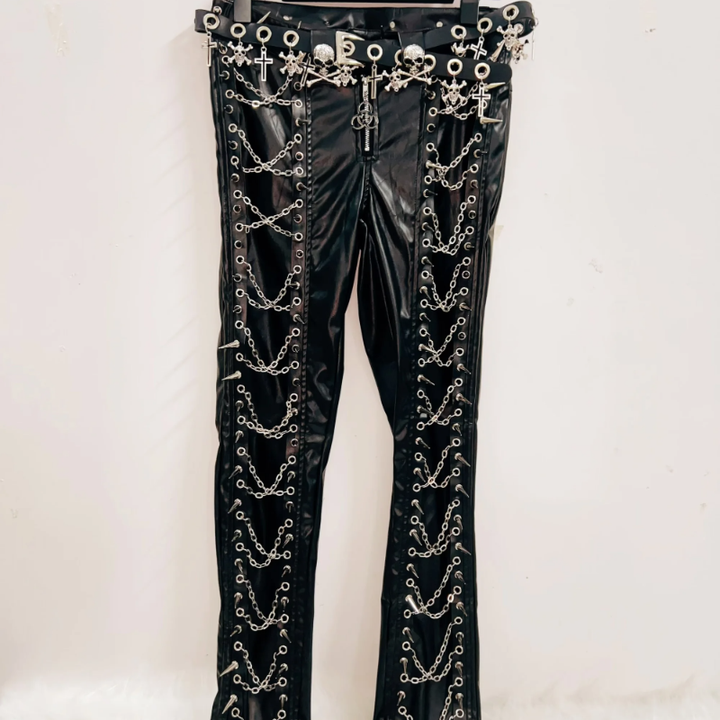 PU leather metal chain rivet pant  | Festival Outfits Women