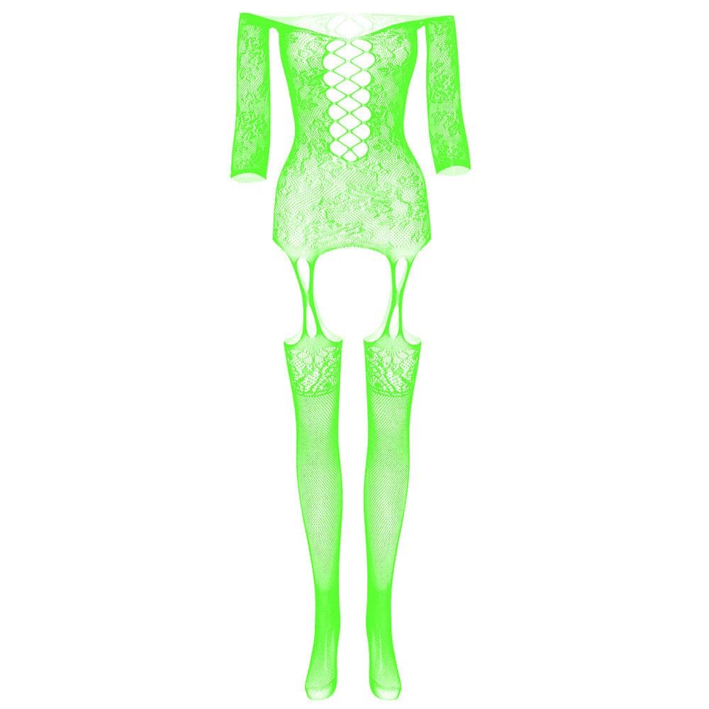 Long sleeve off shoulder lace fishnet strappy bodystocking  | Festival Outfits Women