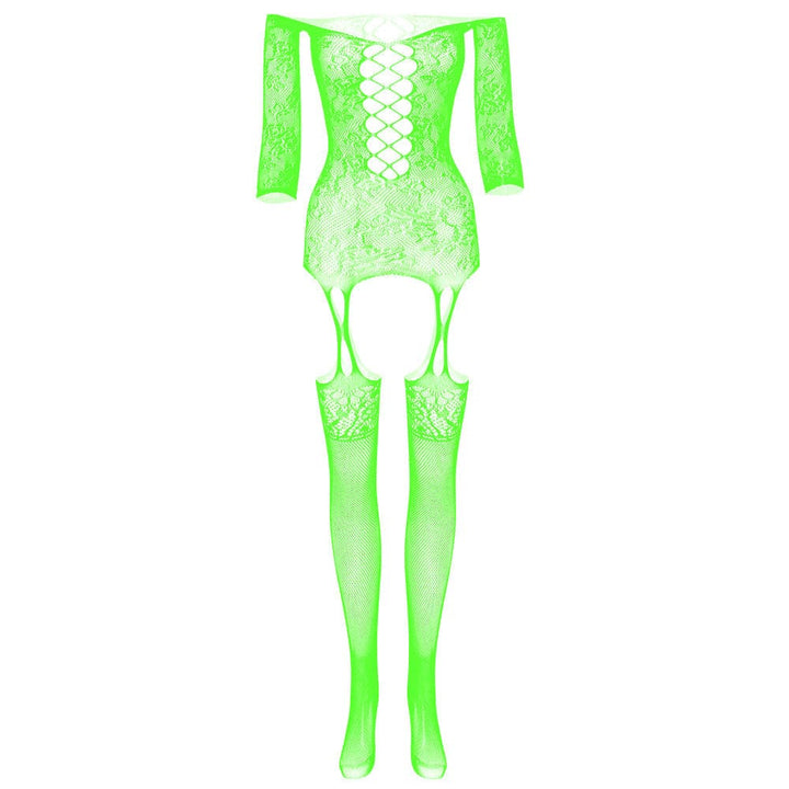 Long sleeve off shoulder lace fishnet strappy bodystocking  | Festival Outfits Women
