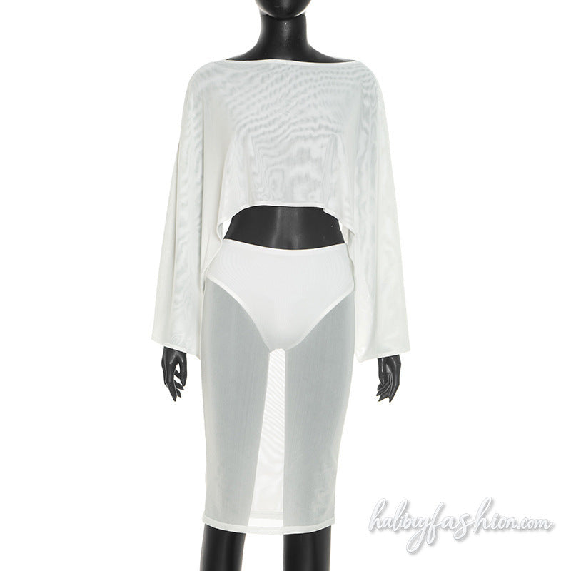 Long sleeve crewneck mesh solid mini skirt set
