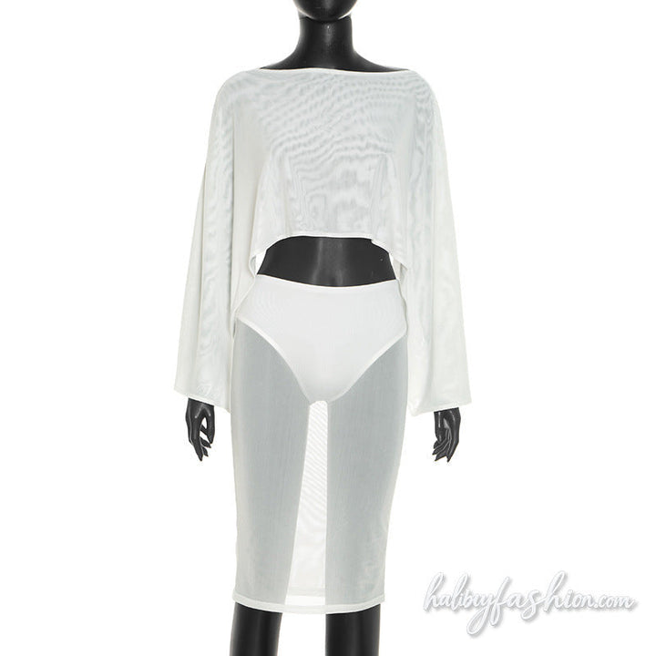 Long sleeve crewneck mesh solid mini skirt set