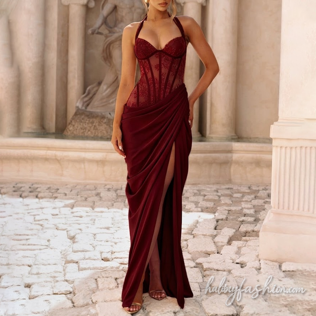 Self tie halter lace ruched irregular slit maxi dress - Halibuy - 16
