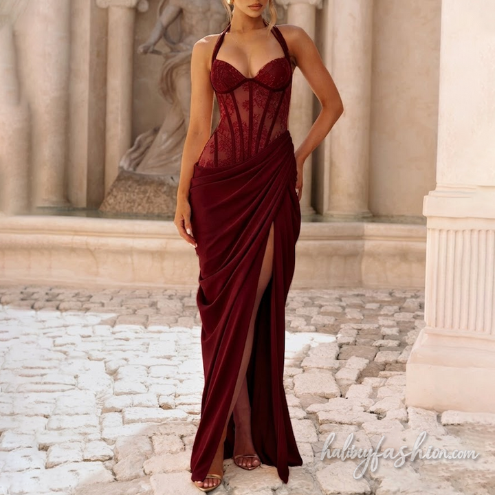 Self tie halter lace ruched irregular slit maxi dress - Halibuy - 16