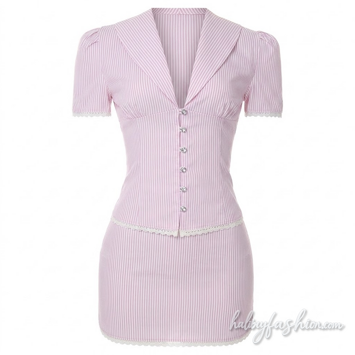 Striped short sleeve lace hem v neck button mini skirt set - Halibuy - 2
