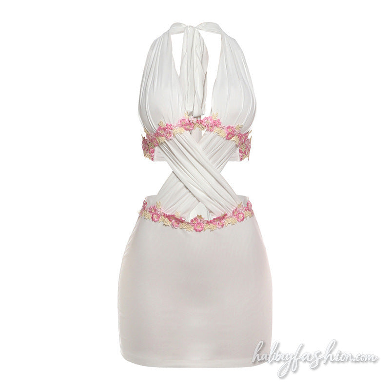 Halter self tie ruched hollow out mini dress
