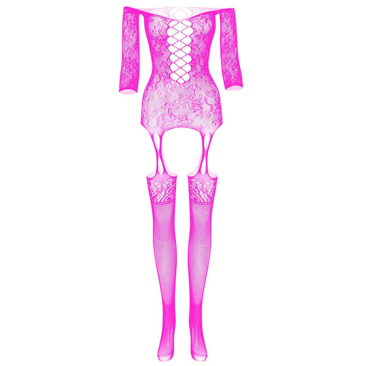 Long sleeve off shoulder lace fishnet strappy bodystocking  | Festival Outfits Women