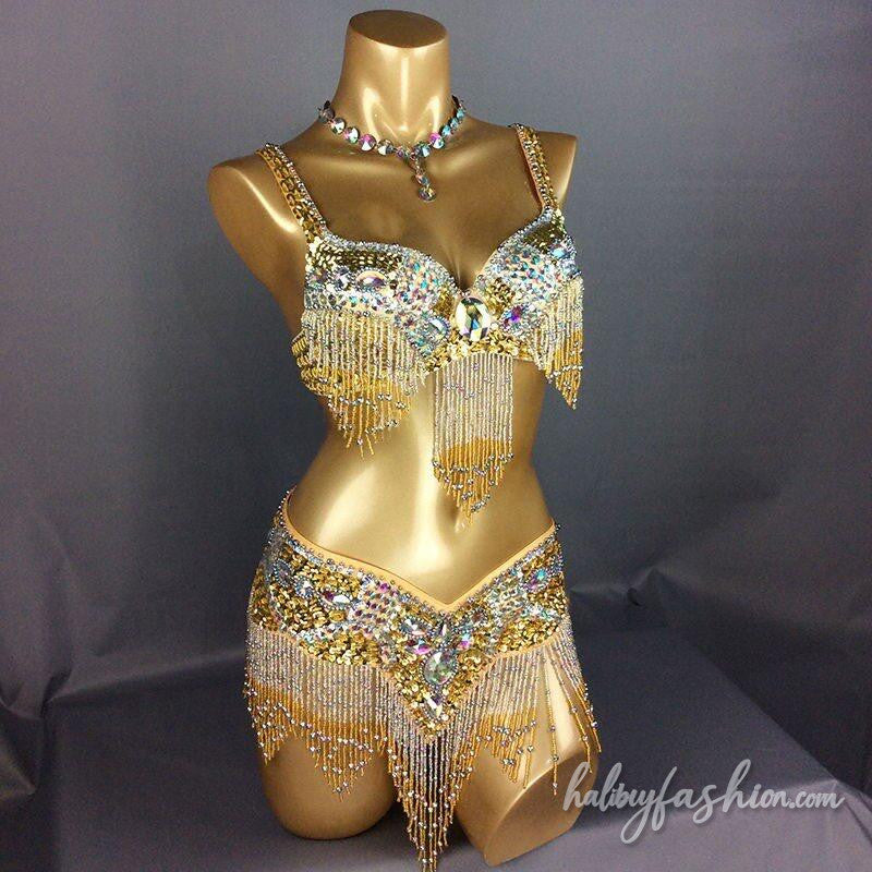 V neck beaded tassels crop mini skirt set