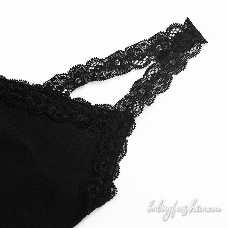 Lace hem v neck backless solid cami top