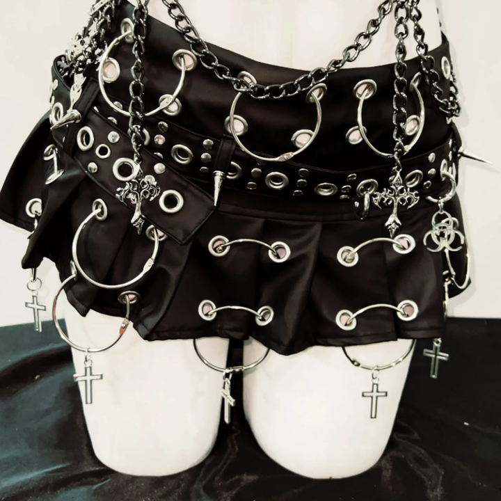 Long sleeve rivet PU leather o ring metal chain belt top  | Festival Outfits Women