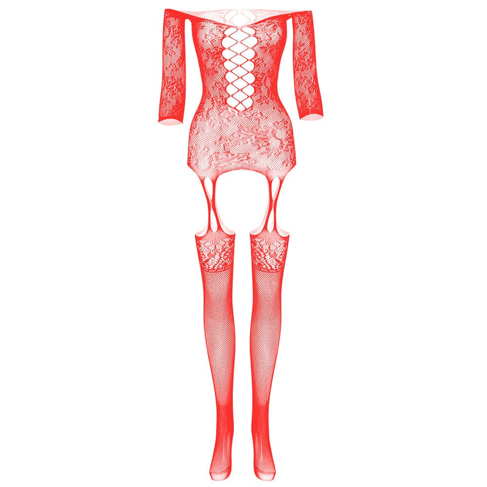 Long sleeve off shoulder lace fishnet strappy bodystocking  | Festival Outfits Women