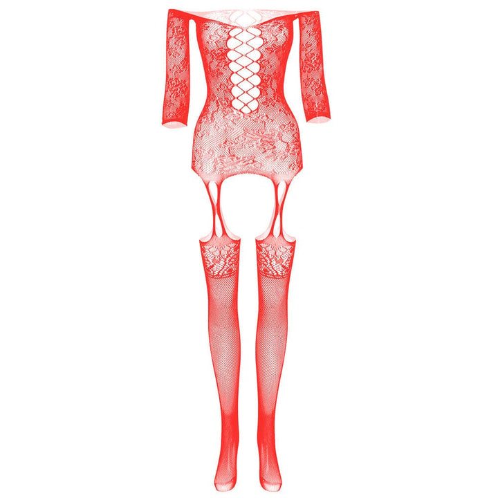 Long sleeve off shoulder lace fishnet strappy bodystocking  | Festival Outfits Women