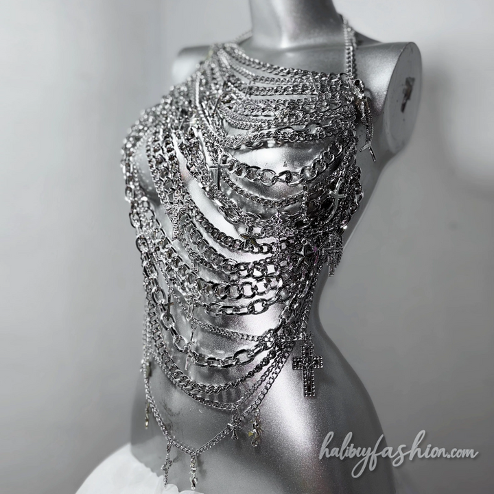 Metal chain halter hollow out cross applique top