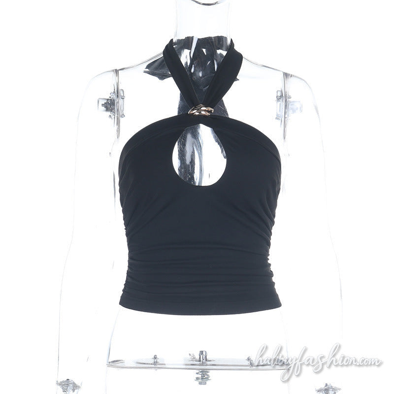 Halter self tie hollow out ruched backless top