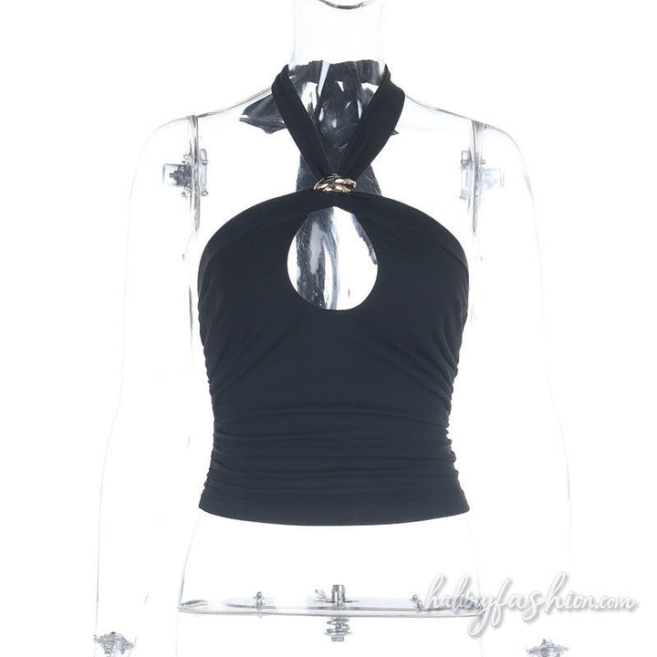 Halter self tie hollow out ruched backless top