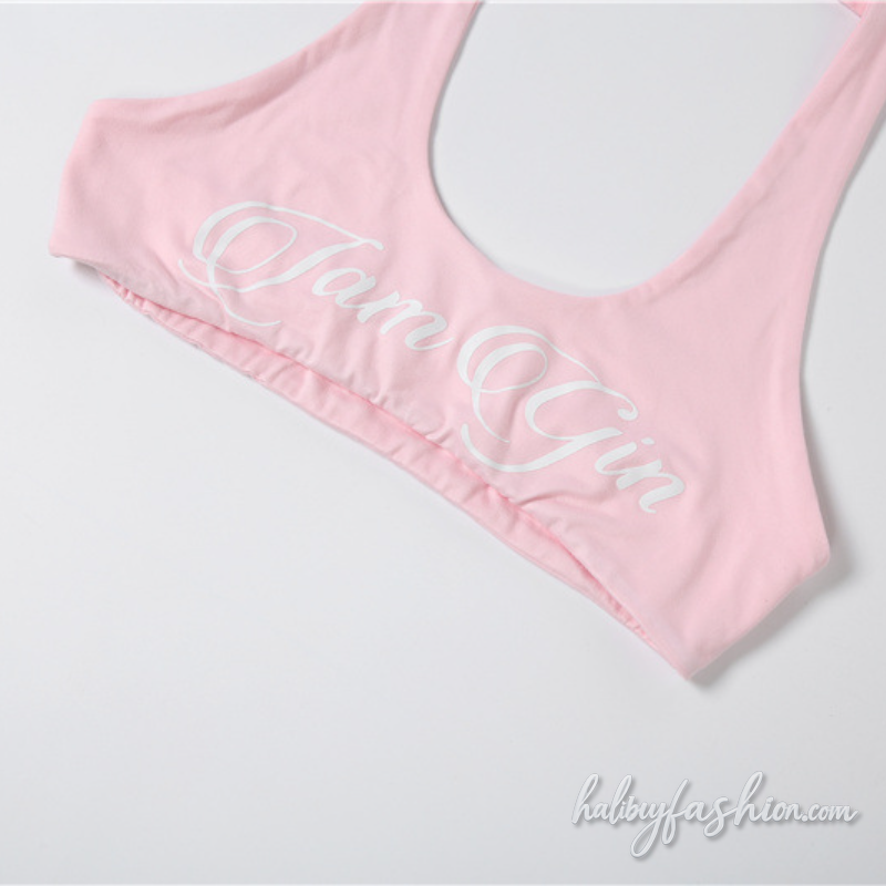 Halter u neck letter pattern backless mini skirt set