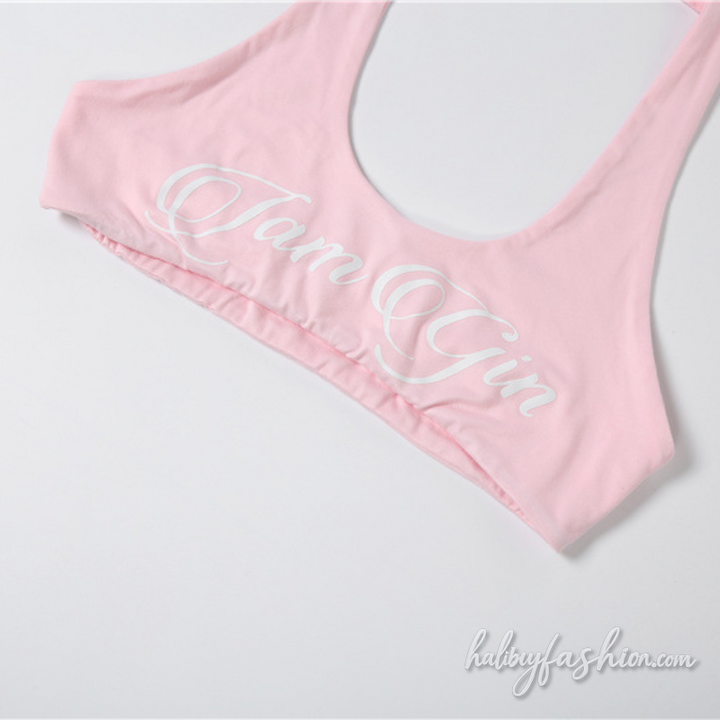 Halter u neck letter pattern backless mini skirt set