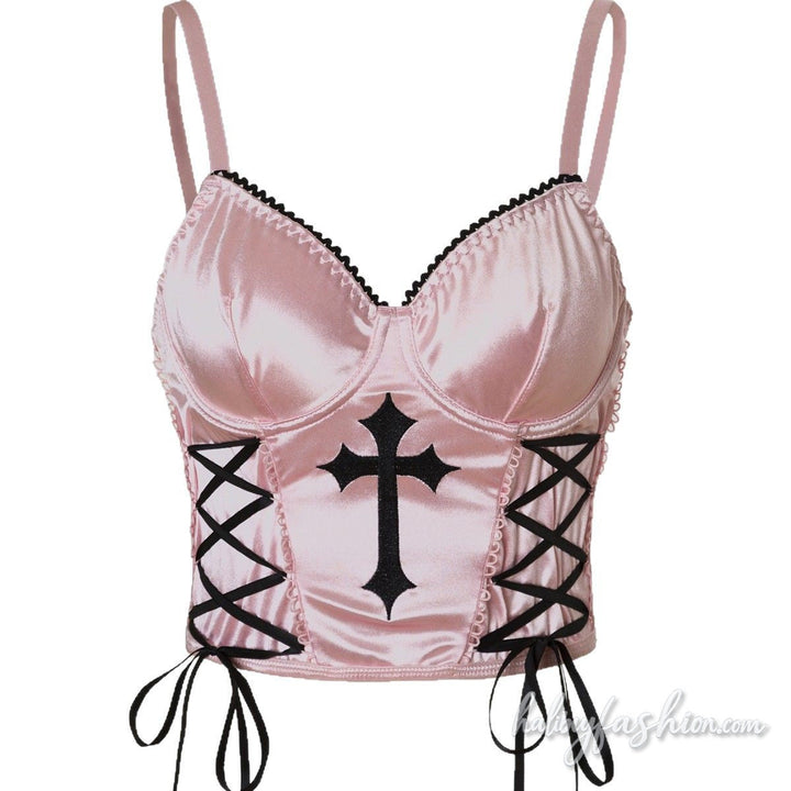 V neck lace up satin cross embroidery cami top - Halibuy