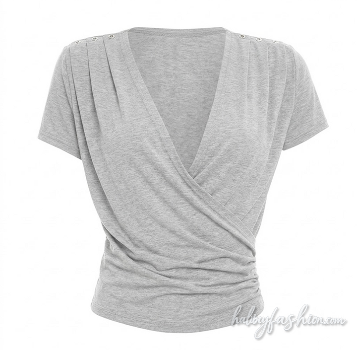 Short sleeve v neck ruched solid top