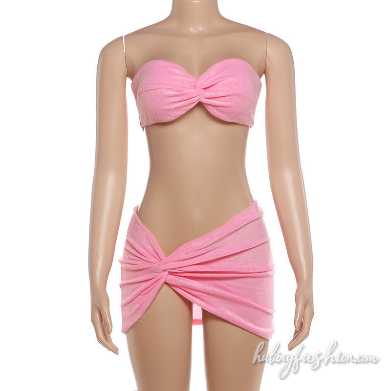 Ruched irregular solid backless tube mini skirt set