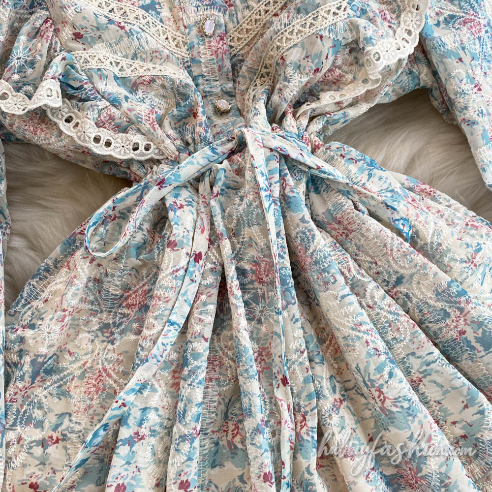 Long sleeve embroidery lace hem ruffle maxi dress