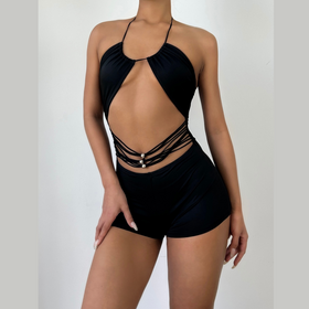 Hollow out halter self tie mesh romper  | Festival Outfits Women