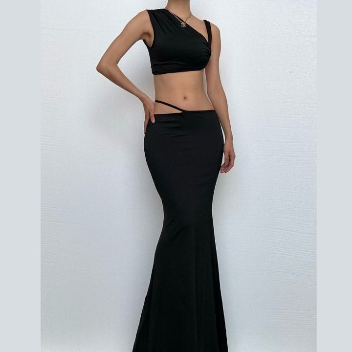 Ruched irregular solid crop maxi skirt set-final-sale  | Festival Outfits Women