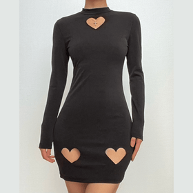 Heart hollow out long sleeve solid high neck cut out mini dress  | Festival Outfits Women