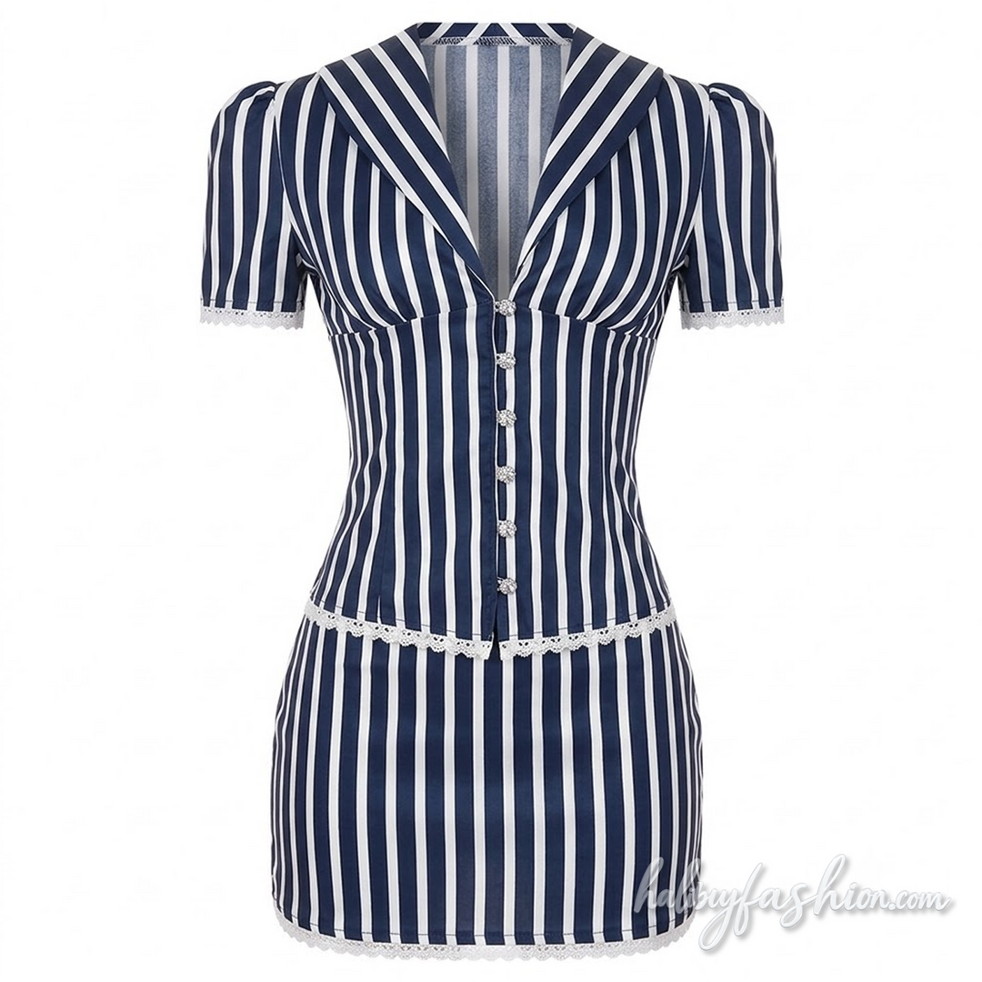 Striped short sleeve lace hem v neck button mini skirt set - Halibuy - 3