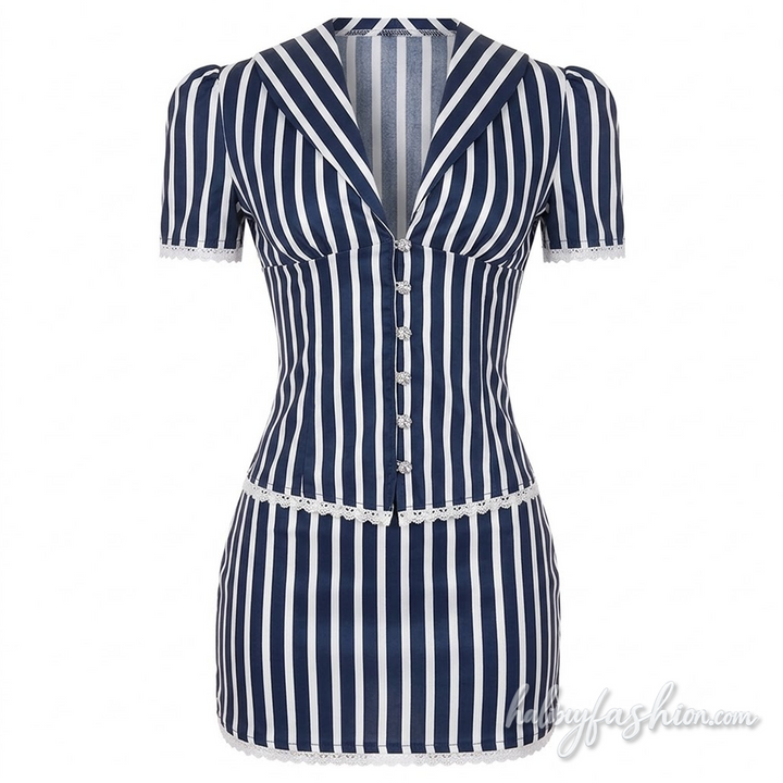 Striped short sleeve lace hem v neck button mini skirt set - Halibuy - 3