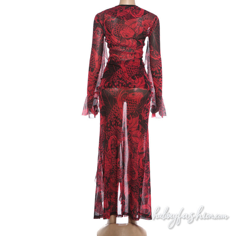 Long flared sleeve v neck self tie print slit maxi skirt set
