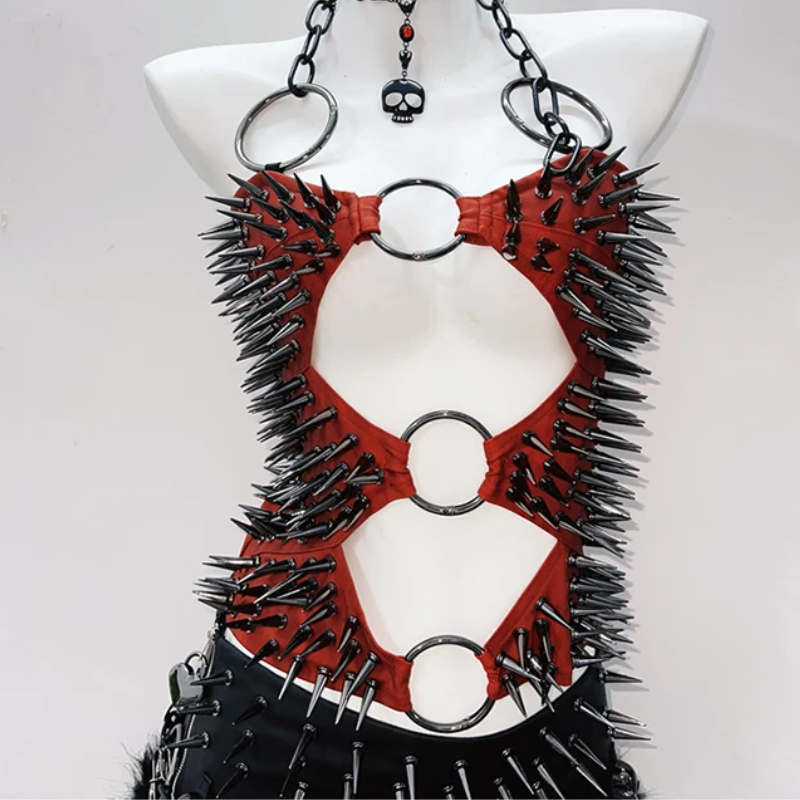 Hollow out o ring rivet applique halter cut out top  | Festival Outfits Women