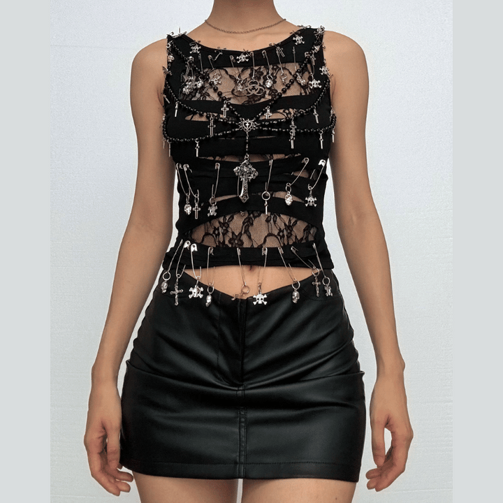 Sleeveless round neck beaded cross lace top-final-sale