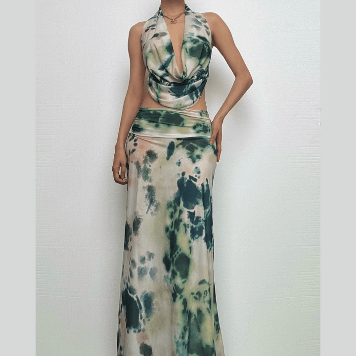 Halter cowl neck print ruched backless maxi skirt set-final-sale