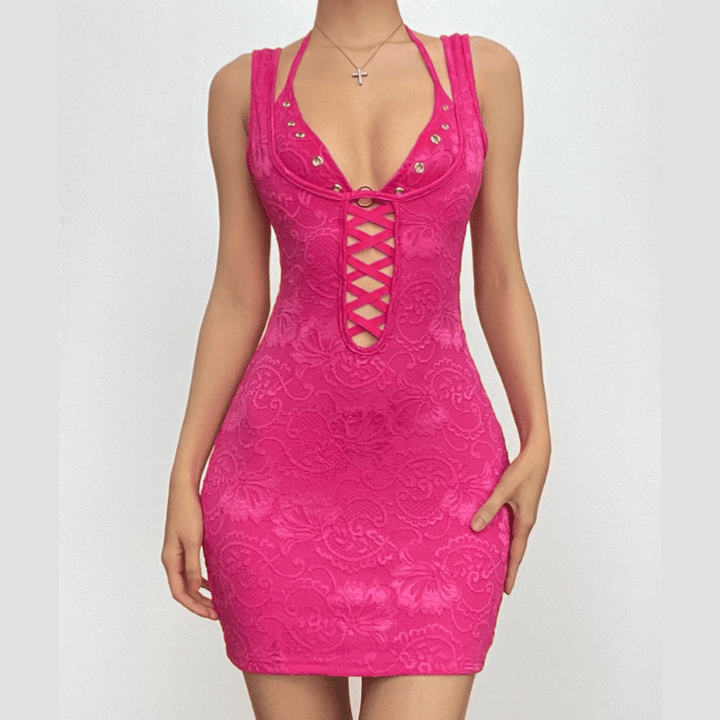 Halter o ring lace up lace backless hollow out solid cut out mini dress-final-sale  | Festival Outfits Women