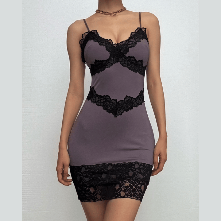 Riga mai kama da na Lace hem patchwork v neck zip-up cami mini | Kayan Biki na Mata