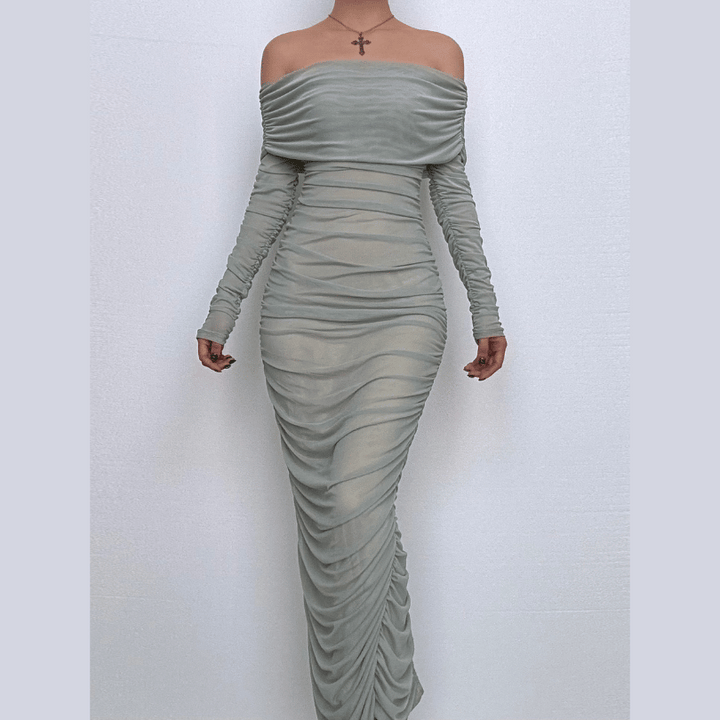 Off shoulder long sleeve slit mesh ruched maxi dress  | Festival Outfits Women