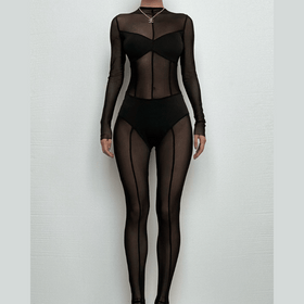 Mesh patchwork zip-up solid long sleeve jumpsuit  | Festival Outfits Women
